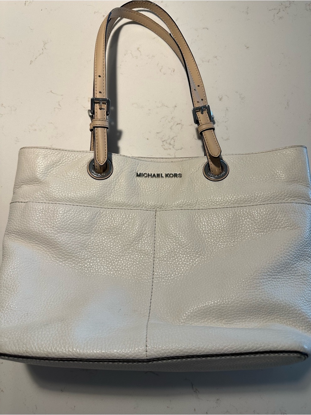 Michael Kors Cream Pebbled Leather Tote with Tan Handles